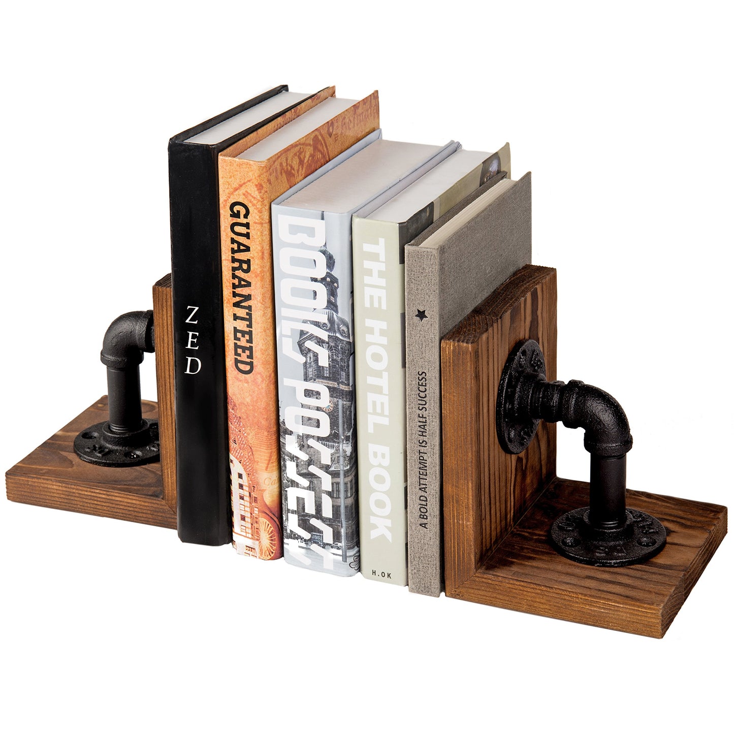 MyGift Rustic Brown Wood Bookends with Realistic Industrial Pipe Design, Decorative Office Bookends Shelf Decor Desk Book Holder L-Shaped Stand, 1-Pair