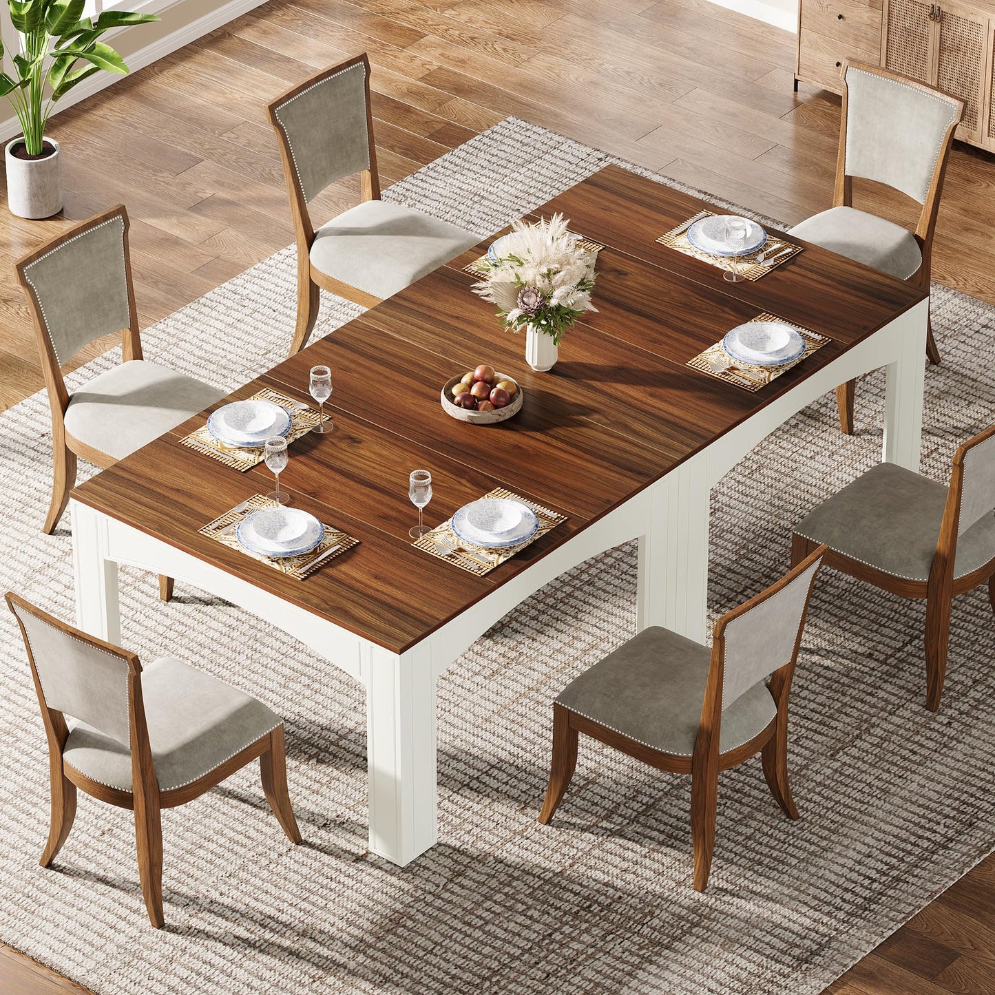 Tribesigns Square Dining Table for 4 People, 39.4-Inch Farmhouse Wood Kitchen Table Dinner Table for Dining Room, Small Space, Walnut + White