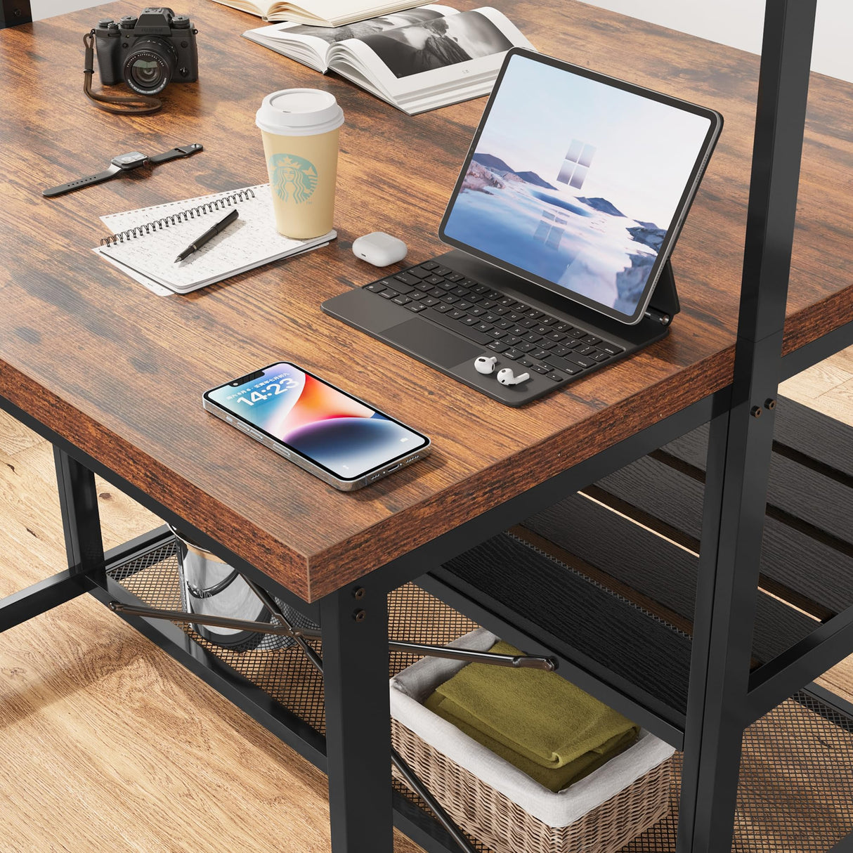 IDEALHOUSE Kitchen Island with Storage, 42''Island Table for Kitchen with Seating Bakers Rack Microwave Oven Stand Shelf with 3 Tier Storage Shelf for Dining Room Living Room, 5 Hooks 42"*28"*72" IDEALHOUSE