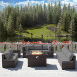 RTDTD Outdoor Patio Furniture Sets with Propane Fire Pit Table, 10 Pieces Outdoor Furniture Patio Sectional Sofa Conversation Sets w/ETL Approved 43" Gas Outdoor Fire Table & Coffee Table (Grey) RTDTD