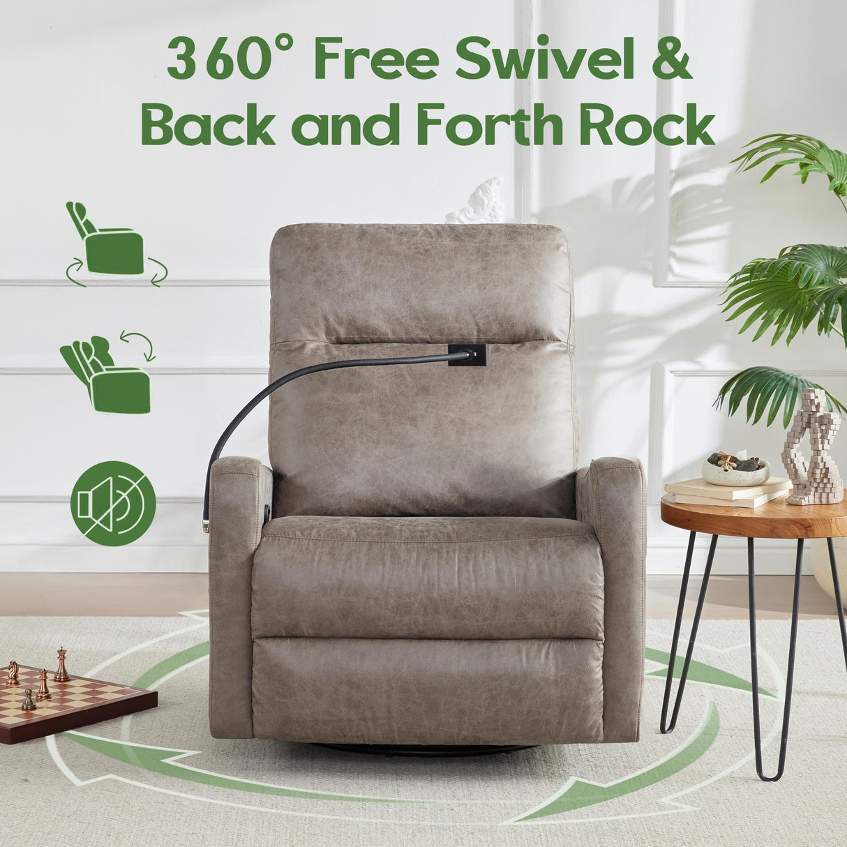 AYEASY Oversized Recliner Chair, Leather Swivel Rocking Chair Reclining with Phone Holder, Ergonomic Lazy Boy Fabric Sofa Chair with Lumbar Support, Manual Glider Chair for Living Room, RV, Grey AYEASY