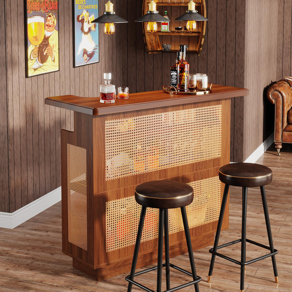 Tribesigns Home Bar Unit, 4-Tier Liquor Bar Table, Mini Bar with Wine Racks and Glass Holder, Farmhouse Bar Cabinet for Home Kitchen Pub, Caramel Brown Tribesigns