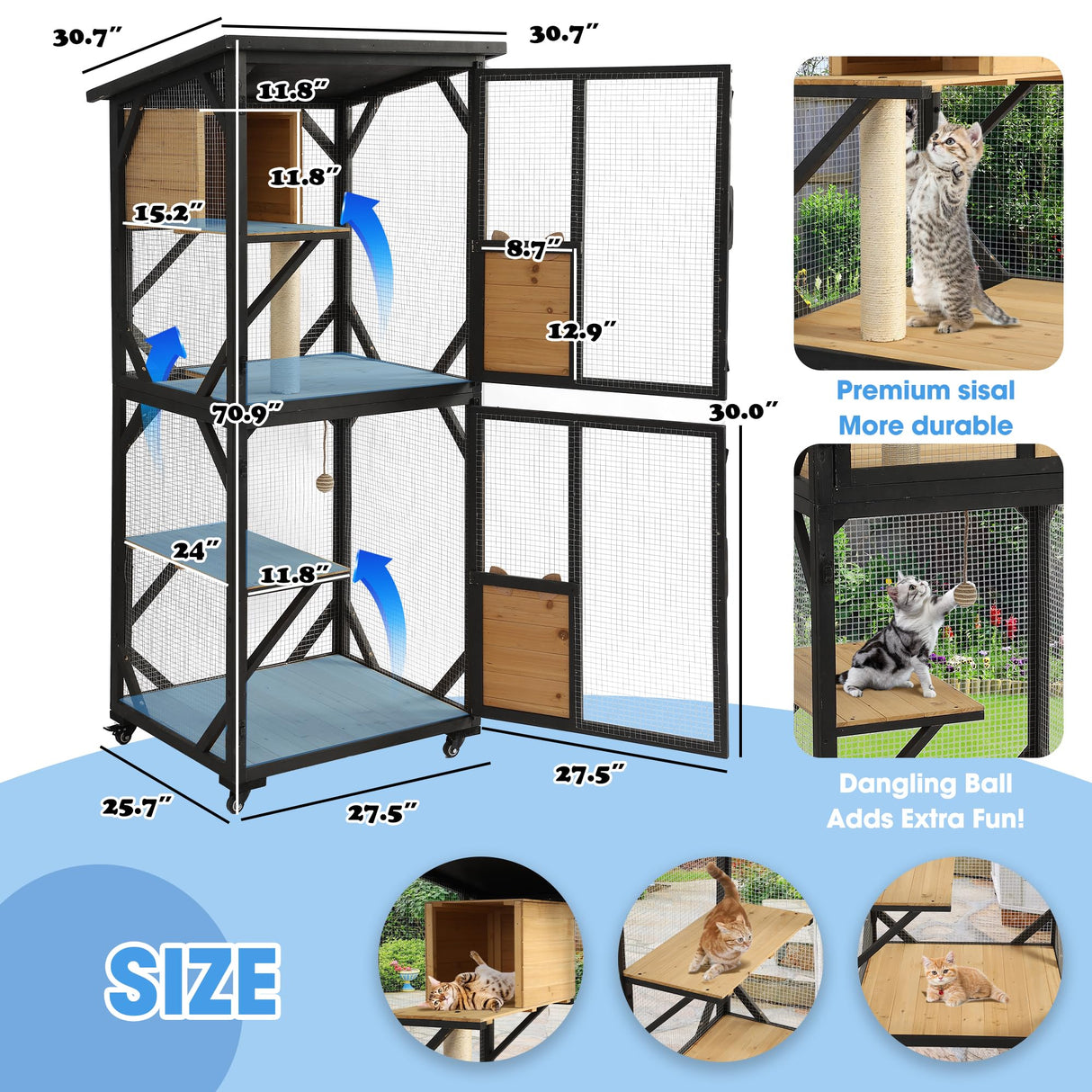 Dephet Catio Outdoor Cat Enclosure with Scratcher - 4-Tier Large Indoor Wooden Window Catio Cats House W/Asphalt Waterproof Roof, Wheels, Resting Box, Platforms, Kitten Toys Ball Dephet