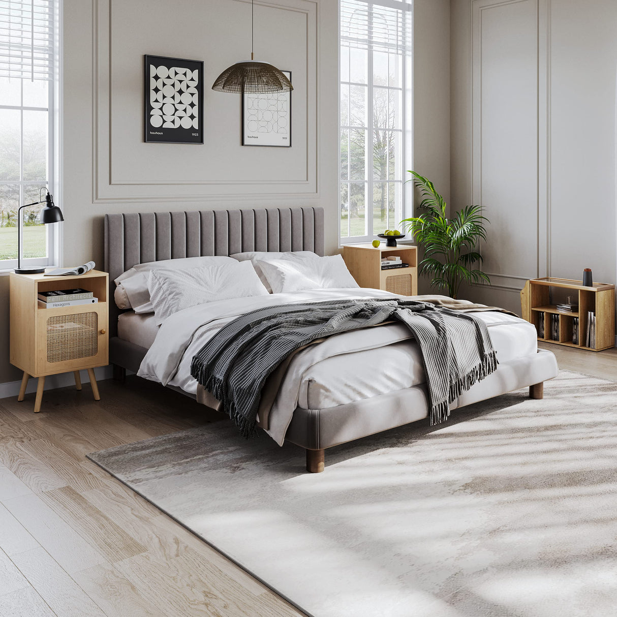 Buytime Nightstands Set of 2 with Charging Station, Boho Bedside Tables with Solid Wood Feet, Mid Century Side Table with Rattan Decorated Drawer, End Table with Storage for Bedroom, Natural, 2 Pack Buytime