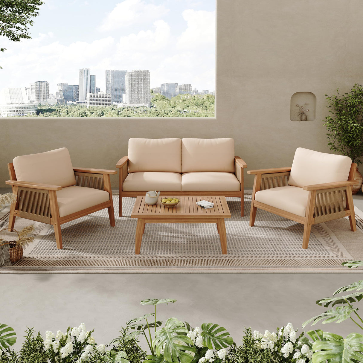 XD Designs 4 Piece Outdoor Patio Furniture Set, Acacia Wood Sectional Sofa wSeat Cushions, All-Weather Patio Conversation Seat with Couches and Coffee Table for Garden Backyard Balcony XD Designs