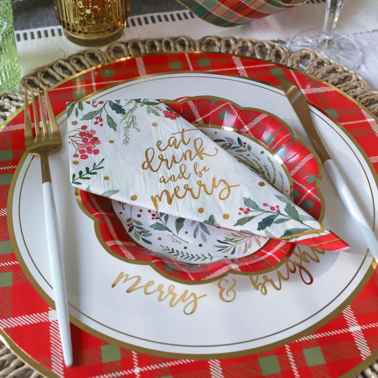 Kate Aspen 13" Disposable Holiday Placemats/Chargers, 24-Pack – Spillproof & Durable Merry & Bright Christmas Tree Design & Festive Red & Green Plaid Border Kate Aspen
