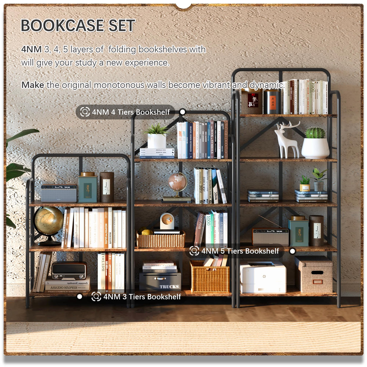 4NM No Assembly Folding Bookshelf, 5 Tier Vintage Industrial Book Shelf,Metal Foldable Storage Bookcase and Bookshelves for Living Room,Bedroom and Kitchen - Rustic Brown 4NM