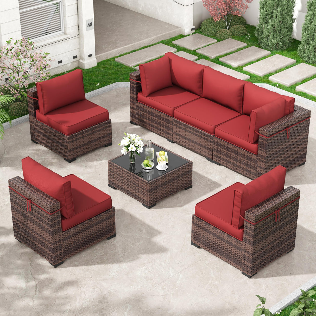 Amopatio 7 Pieces Patio Furniture Set, Outdoor Furniture Sectional Rattan Sofa Sets, Patio Couch with Glass Coffee Table for Backyard Garden (Burgundy) Amopatio