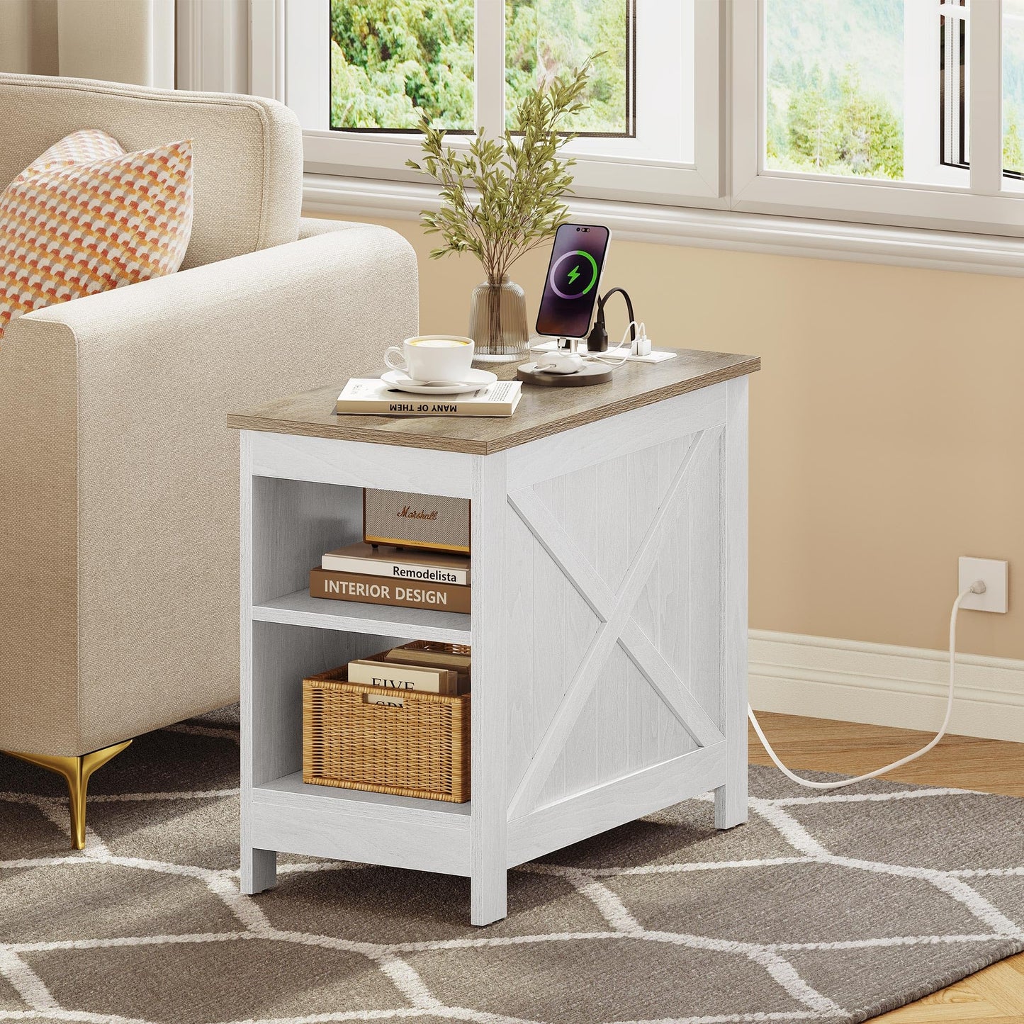 YITAHOME End Table with Charging Station, Narrow Side Table with Storage Shelf, Farmhouse Nightstand with Storage for Small Spaces, Living Room, Bedroom, Grey Wash - WoodArtSupply