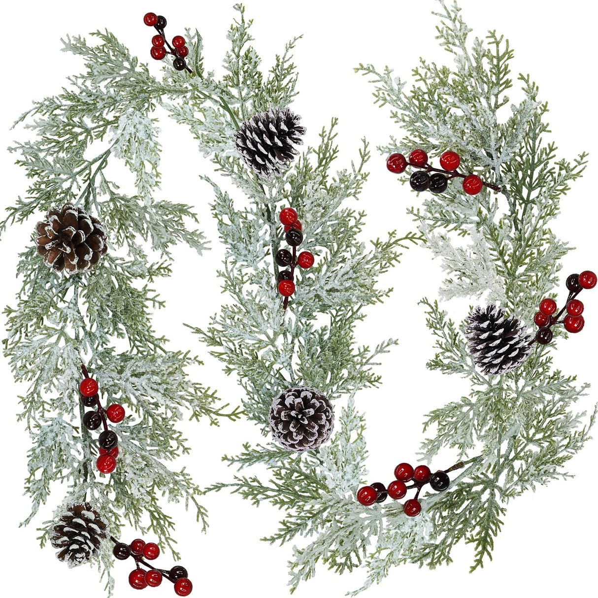 Winlyn Artificial Snowy Christmas Cedar Garland with Pine Cones and Red Berries Lush Christmas Greenery Garland 6' Long Christmas Wedding Winter Holiday Table Runner Centerpiece Seasonal Decoration Winlyn