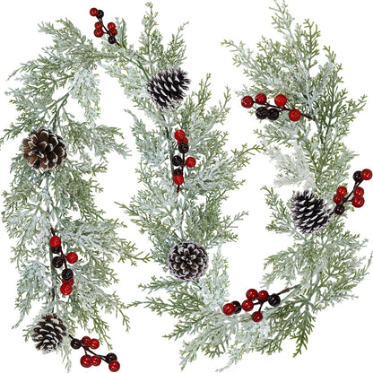 Winlyn Artificial Snowy Christmas Cedar Garland with Pine Cones and Red Berries Lush Christmas Greenery Garland 6' Long Christmas Wedding Winter Holiday Table Runner Centerpiece Seasonal Decoration