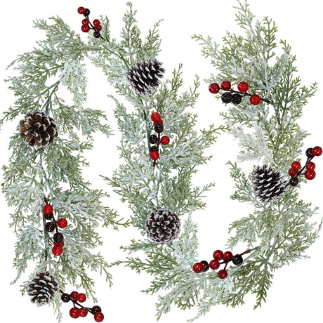 Winlyn Artificial Snowy Christmas Cedar Garland with Pine Cones and Red Berries Lush Christmas Greenery Garland 6' Long Christmas Wedding Winter Holiday Table Runner Centerpiece Seasonal Decoration Winlyn