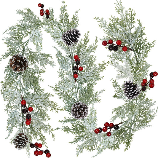 Winlyn Artificial Snowy Christmas Cedar Garland with Pine Cones and Red Berries Lush Christmas Greenery Garland 6' Long Christmas Wedding Winter Holiday Table Runner Centerpiece Seasonal Decoration