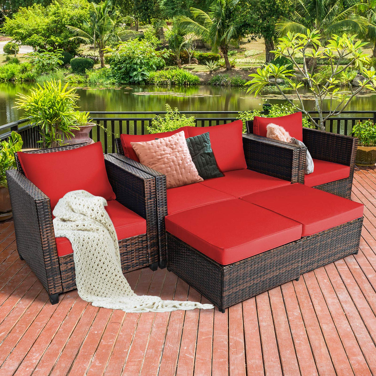 Tangkula 5 Pieces Patio Furniture Set, Outdoor Rattan Sofa Set w/Removable Cushions, Wicker Loveseat w/Single Sofa and Ottoman, Sectional Sofa Conversation Set for Backyard, Garden, Poolside (Red) Tangkula