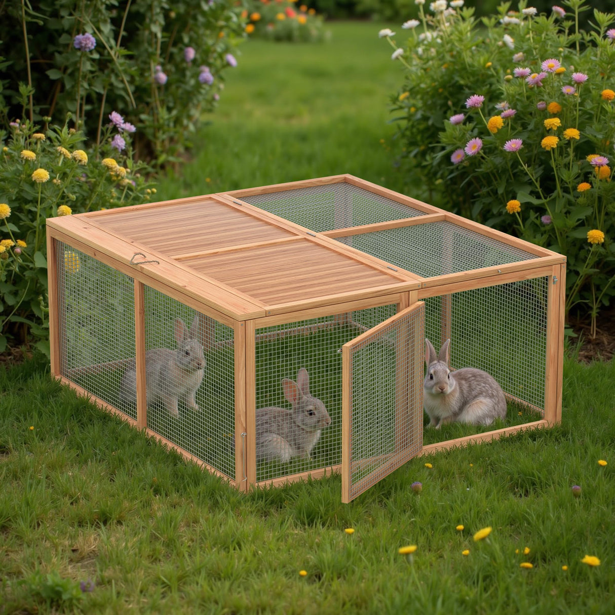 GOJOOASIS Wooden Chicken Coop Pen Folding Rabbit Run Portable Chicken Cages for Outside Chicken Enclosure Outdoor Duck Coop with 2 Accesses & Ventilating Wire for Garden Backyard (Wood) GOJOOASIS