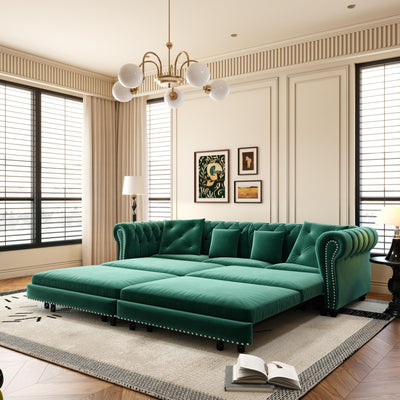 89" Velvet Pull Out Couch Bed - 3-in-1 Convertible Sleeper Sofa with Ottoman, Button Tufted Chesterfield Sofa, King Size Pull Out Sofa Bed, Space Saving for Small Spaces Apartments, Living Room,Green