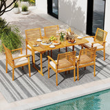 Tangkula 7 Piece Patio Acacia Wood Dining Set for 6, Patio Rectangle Table with Umbrella Hole & 6 Cushioned Armchairs, for Backyard Garden Poolside Deck, Natural Tangkula