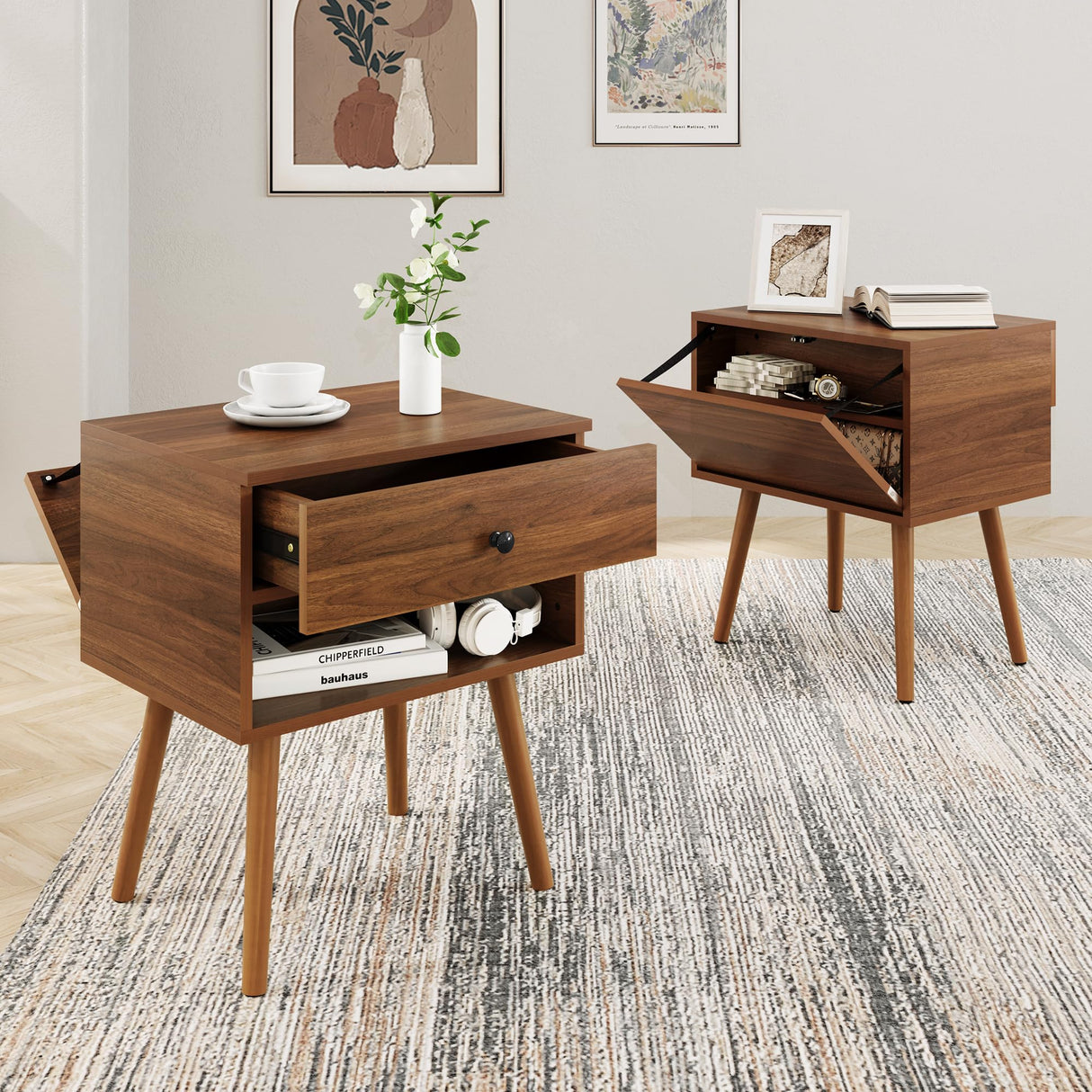 Mazefur Hidden Compartment Night Stand Set 2, Mid Century Modern Concealment Furniture, End Table with Storage Drawer, Bedside Table with Wood Legs for Bedroom (2,Walnut) Mazefur