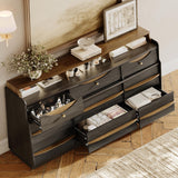 63" W 9-Drawer Black Dresser for Bedroom, Modern Wood Chest of Drawers w/LED Light, Round Knobs & Solid Wood Handles, Long Wooden Dresser TV Stand w/Shelf for TVs up to 75", Curved Profile Design STO'SENSE