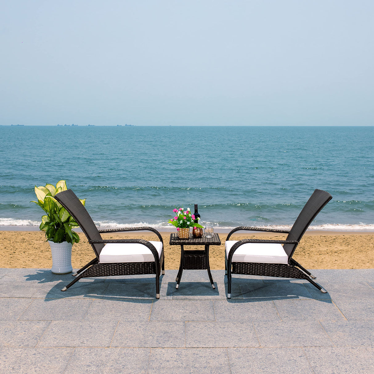 SAFAVIEH Outdoor Collection Edna Black/White Cushion 3-Piece Lounge Set with Table (PAT7719A) SAFAVIEH