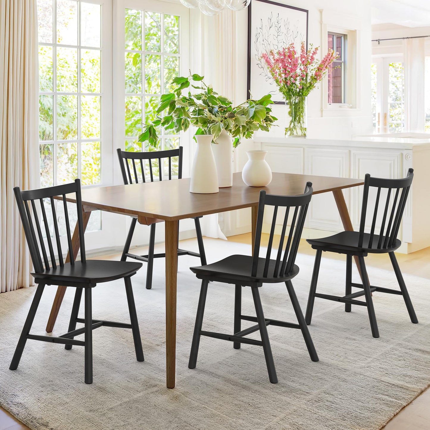 LUE BONA Upgraded Dining Chairs Set of 4, Farmhouse Wooden Spindle Back Kitchen Chairs, Windsor Dining Chairs for Kitchen and Dining Room, Black - WoodArtSupply