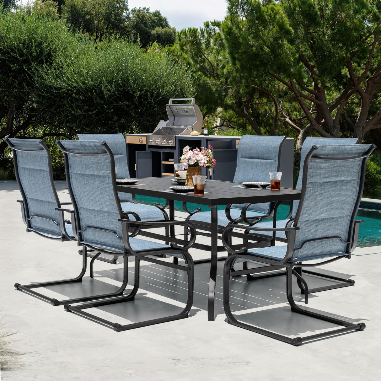 NUU GARDEN 7PCS Patio Dining Set with 1.6 Inch Umbrella Hole Powder-Coated Metal Frame Outdoor Furniture with 6 Padded Textilene C-Spring Chairs and Table for Backyard Garden Poolside Lawn Black Blue NUU GARDEN