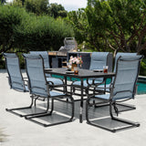 NUU GARDEN 7PCS Patio Dining Set with 1.6 Inch Umbrella Hole Powder-Coated Metal Frame Outdoor Furniture with 6 Padded Textilene C-Spring Chairs and Table for Backyard Garden Poolside Lawn Black Blue NUU GARDEN