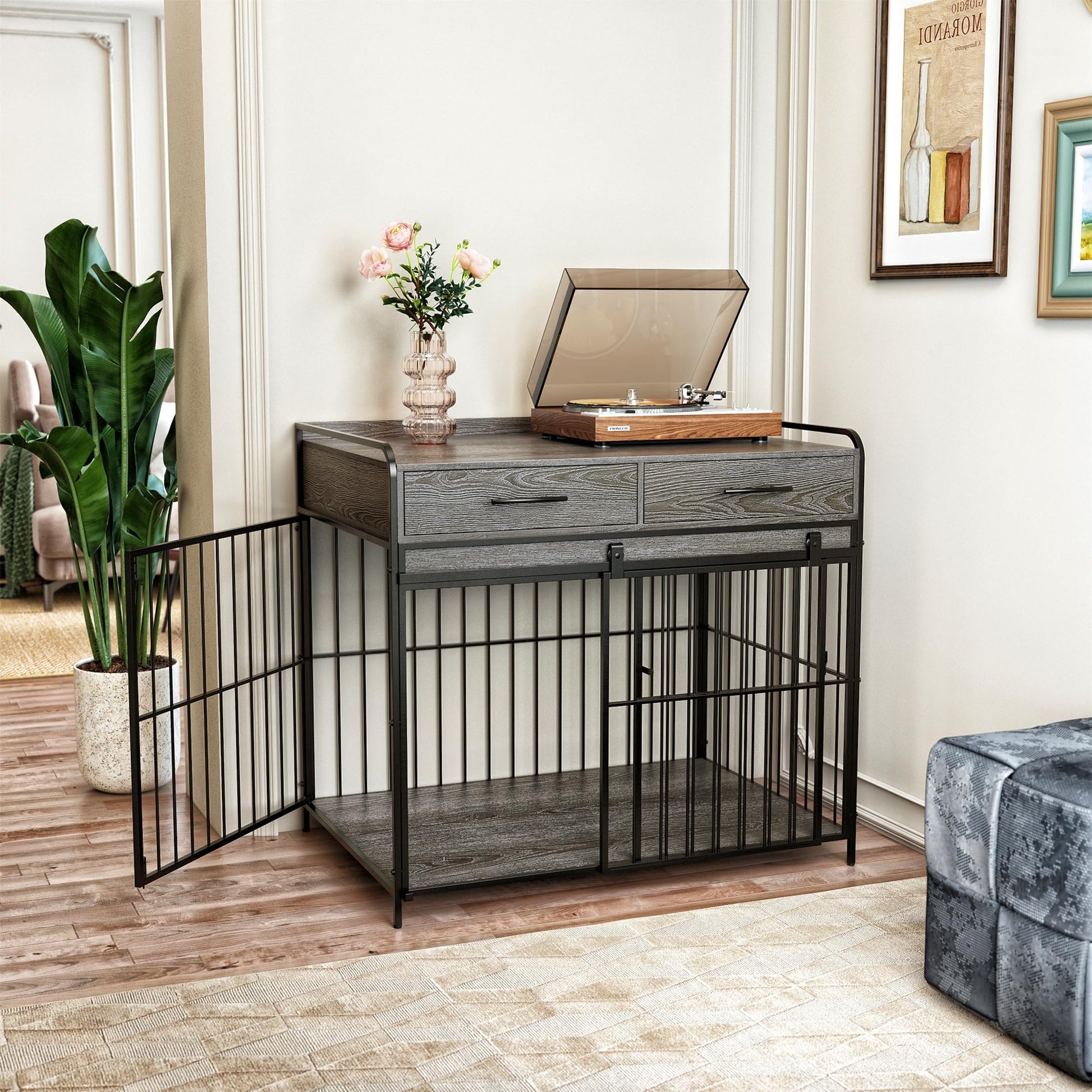 PUPETPO Large Dog Crate Furniture, Indoor Dog Kennel with Storage Drawers, Double Doors Dog Crate End Table Large, Heavy Duty Dog Crate, Decorative Pet Crate Dog Cages for Large Dogs, Grey - WoodArtSupply