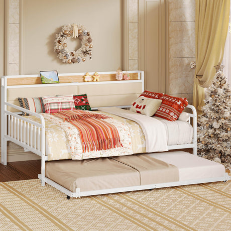 LIKIMIO Daybed with Trundle, Sturdy Metal Full Size Bed Frame with Upholstered Headboard and Charging Station for Living Room, Bedroom and Guest Room, White LIKIMIO