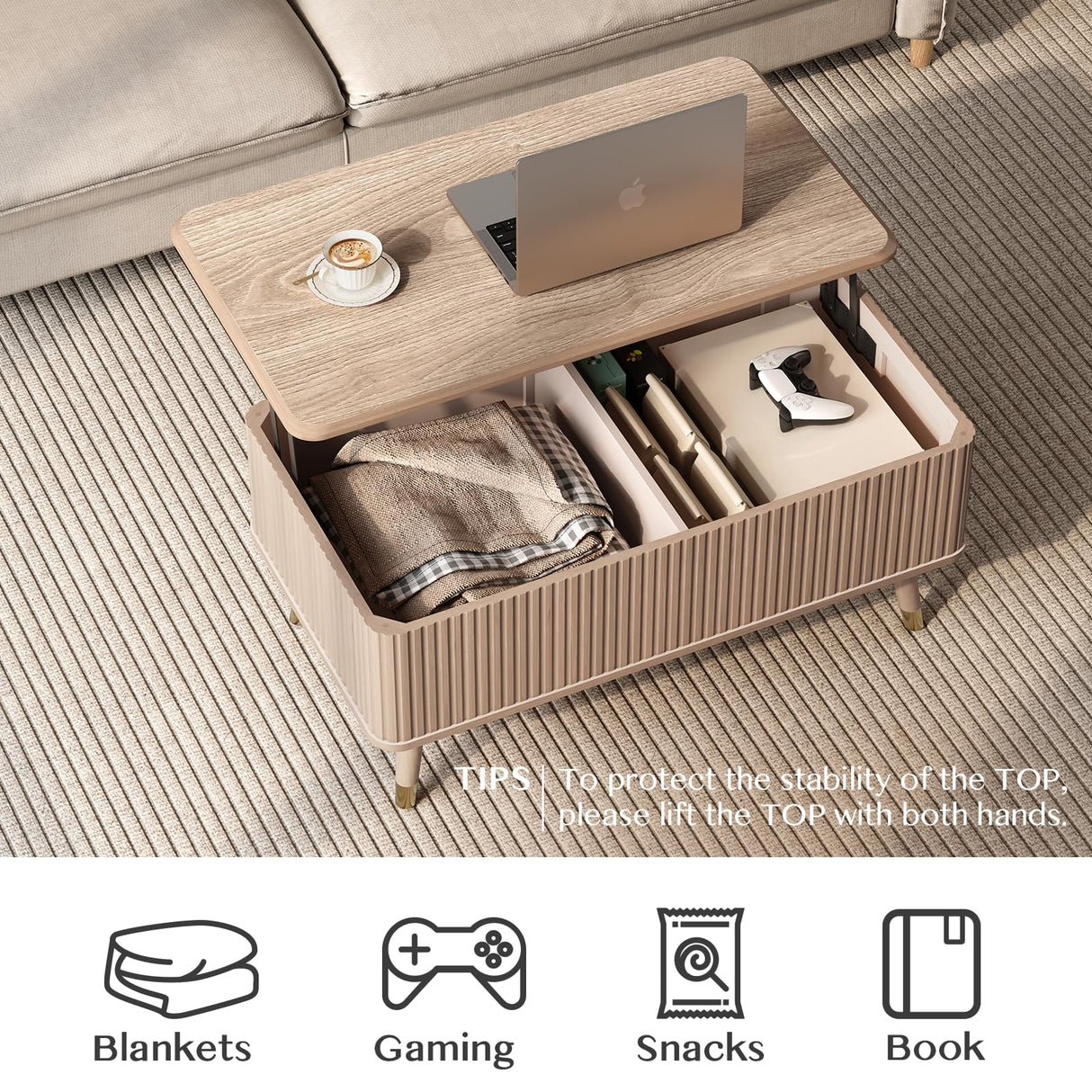 Vanvuson Lift Top Coffee Table with Storage, Mid Century Modern Coffee Table with Solid Wood Legs, 38" Minimalist Fluted Center Table for Living Room, Home Office, Natural Oak Vanvuson