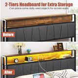 SogesSleep Queen Bed Frame with Headboard, Upholstered Bed Frame Queen Size with Storage and Charging Station & LED Lights, No Box Spring Needed Bed Frame, Noise Free & Easy Assembly SogesSleep