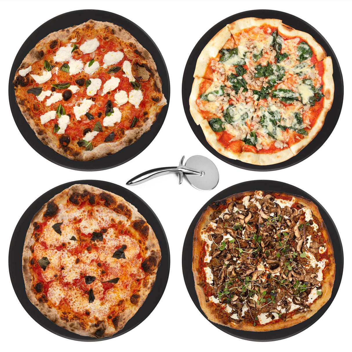 4-Pack Ceramic Pizza Stones - Make Restaurant-Quality Pizza Right at Home - Easy to Use - Durable up to 500℉ - 100% Black Cordierite - 11.75” Diameter Maplefield