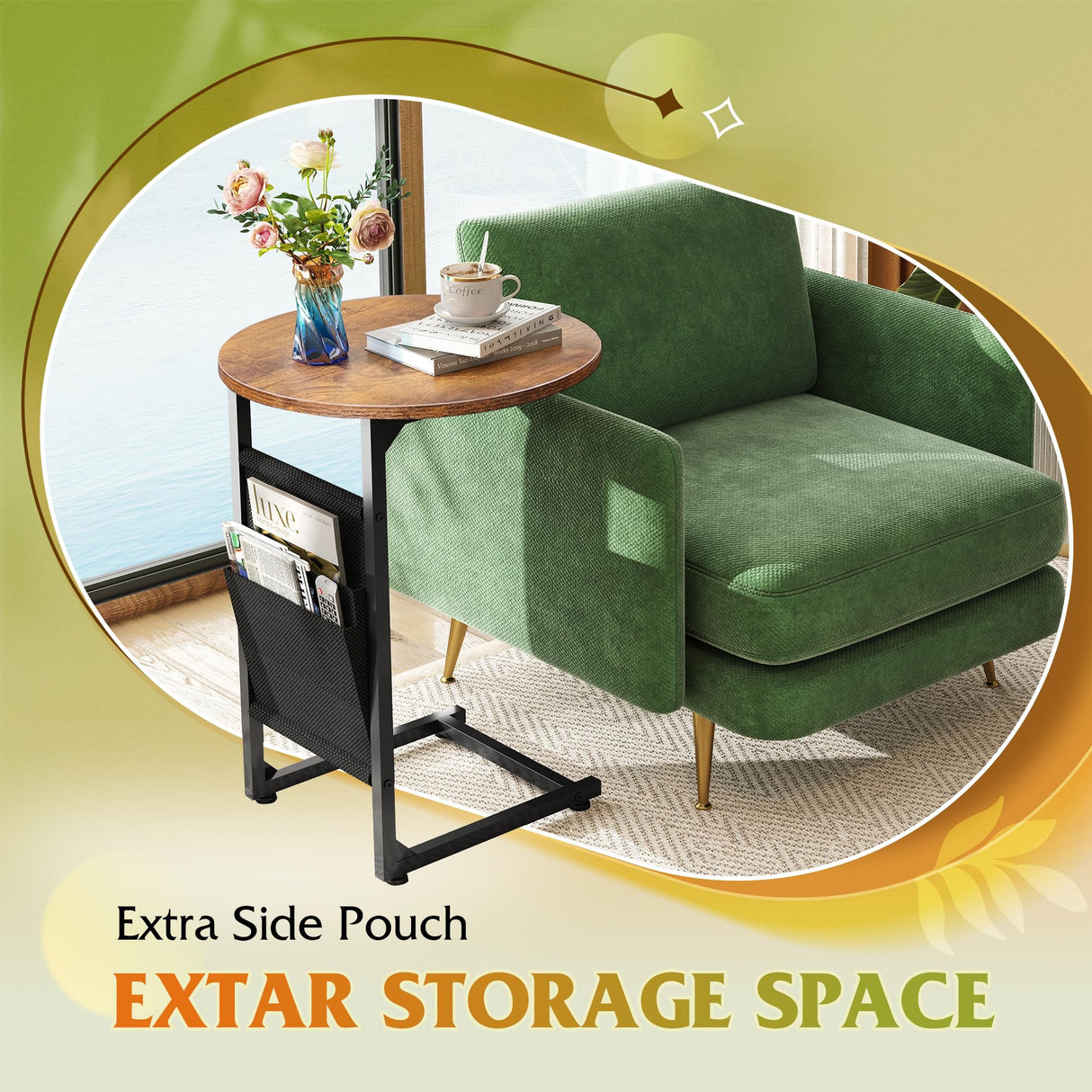 WLIVE Coffee Table, 31.3" and 18.7" Small Coffee Tables for Living Room, Modern Center Table and Side Table Set with Storage Side Pouch for Bedroom, Apartment, Rustic Brown WLIVE