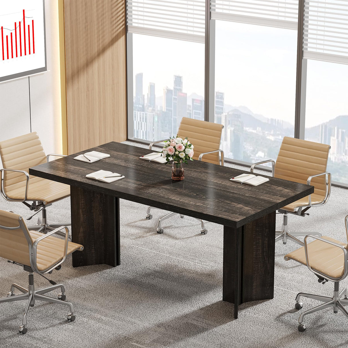 Tribesigns 5.5FT Conference Table, 63-inch Rectangle Meeting Seminar Table, Large Wooden Business Tables for 4-6 People, Heavy Duty Pedestal (Dark Gray) Tribesigns