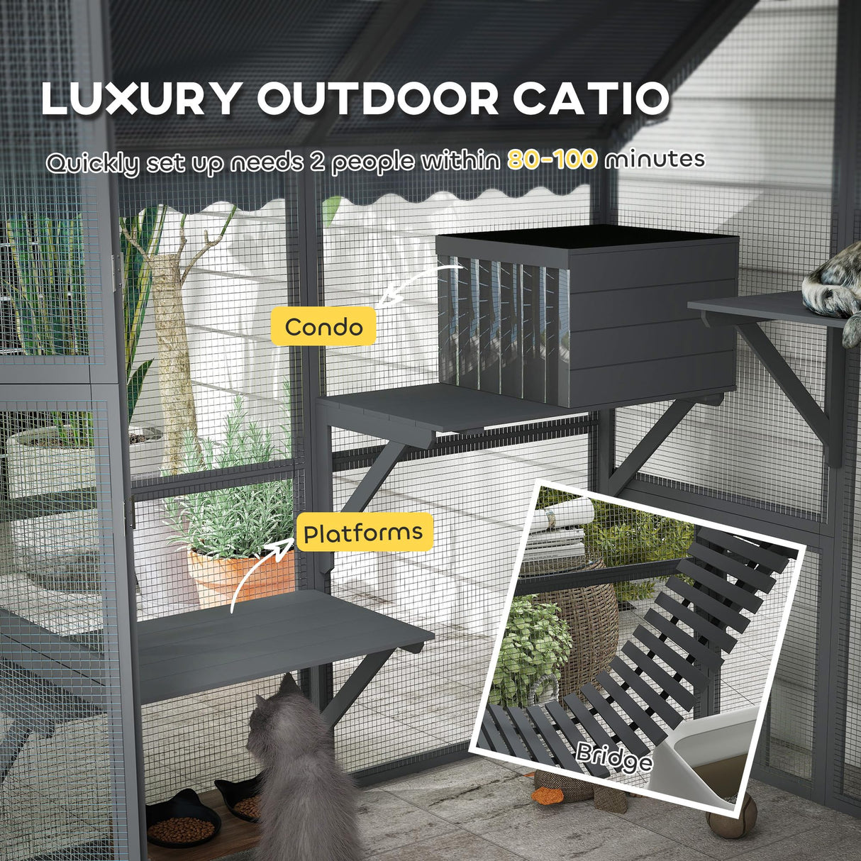 PawHut Large Catio Outdoor Cat Enclosure for Multiple Kittens, Wooden Cat House with Waterproof Cover, Walk in Kitty Cage Kennel with 2 Condos, 4 Platforms, Bridge, Doors, 73" x 55" x 74", Gray PawHut