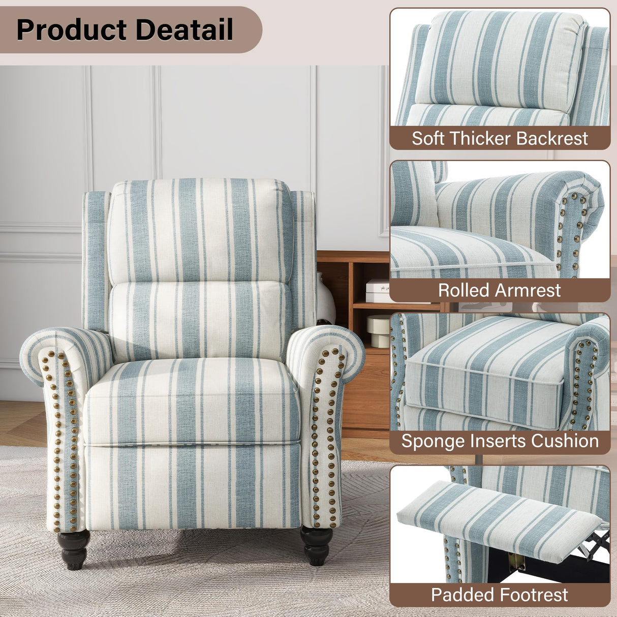 UIXE Pushback Recliner Chairs Set of 2, Fabric Armchair Push Back Accent Chair, Rivet Trim Club Chair Home Theater Overstuffed Single Sofa Reading Seat for Living Room, Stripe Blue UIXE