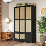 Homsee 47.2”W Rustic Wardrobe Armoire Closet with 5 Rattan Doors, Closet Cabinet with Hanging Rod, Drawers & Shelves, Cloth Organizer for Bedroom, Black and Brown Homsee