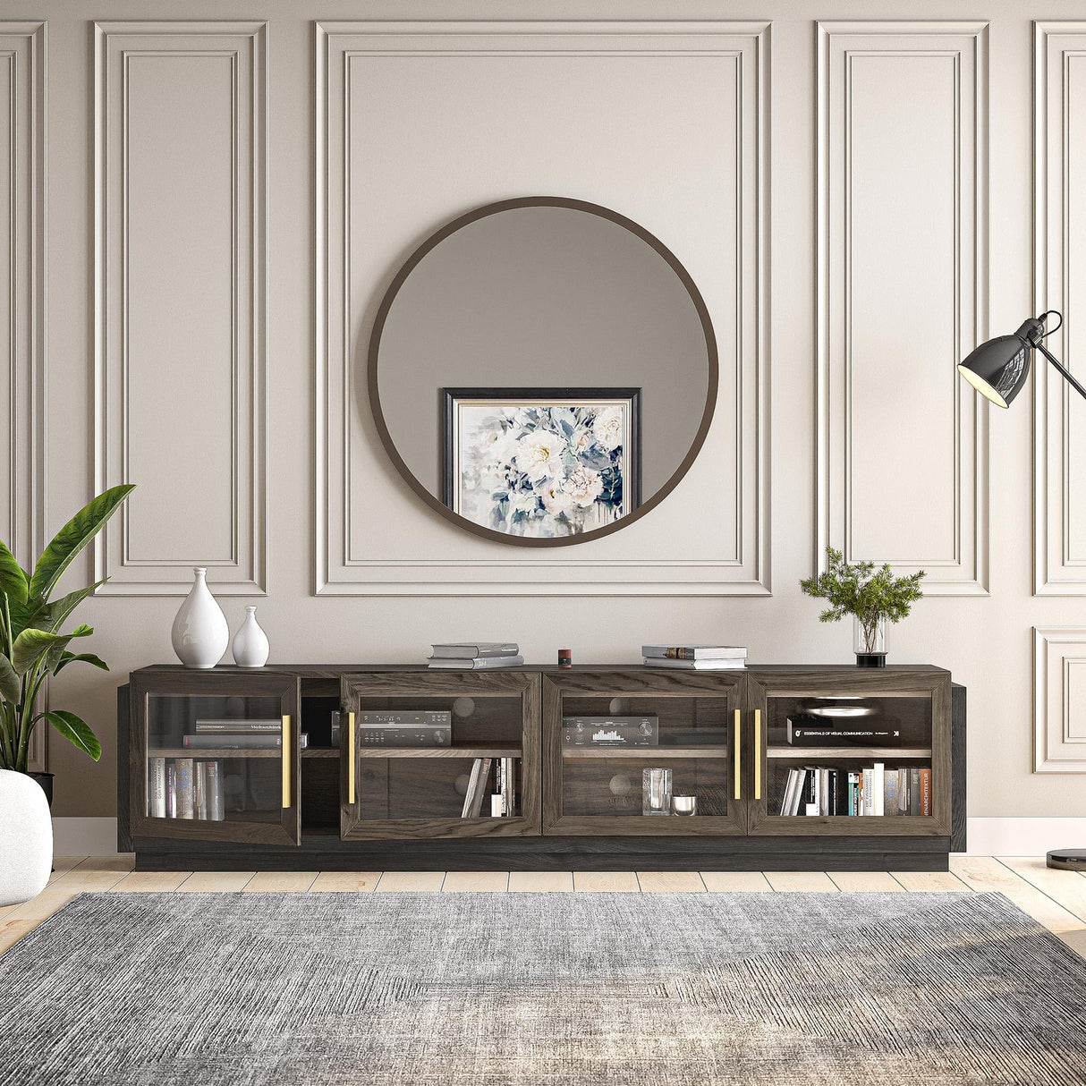 BELLEZE 83" TV Stand for TVs up to 85", Modern TV Cabinet & Entertainment Center with Shelves, Wood Storage Cabinet for Living Room or Bedroom - Brixston (Brown) BELLEZE