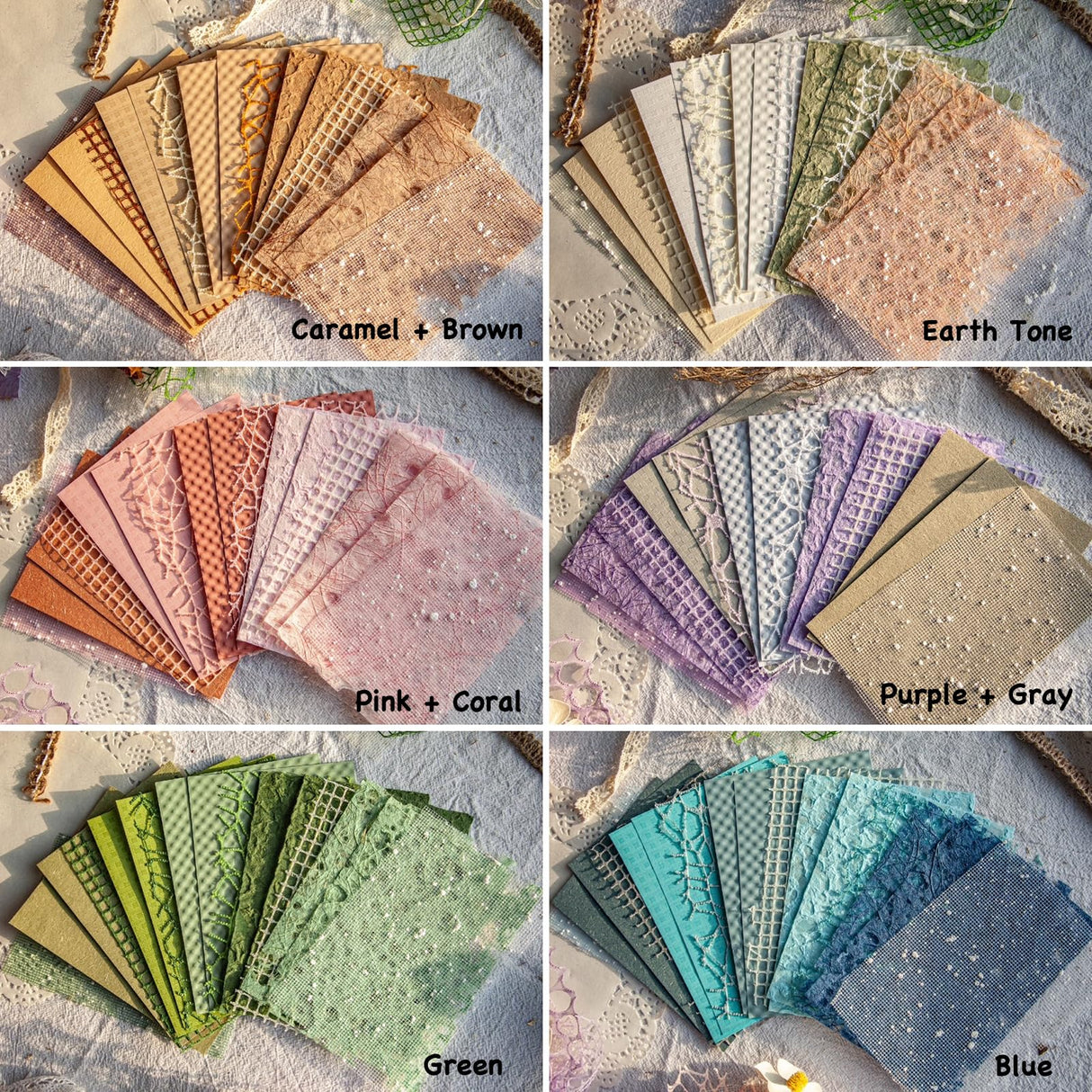 96 Sheets Textured Scrapbook Paper and Mesh Fabric Assorted Set - 6 Pack Mixed Special Paper for Scrapbooking Planner Bullet Junk Journal Supplies Mixed Media Collage Card Embellishments 3.9x5.5 Inch ARTSMONA