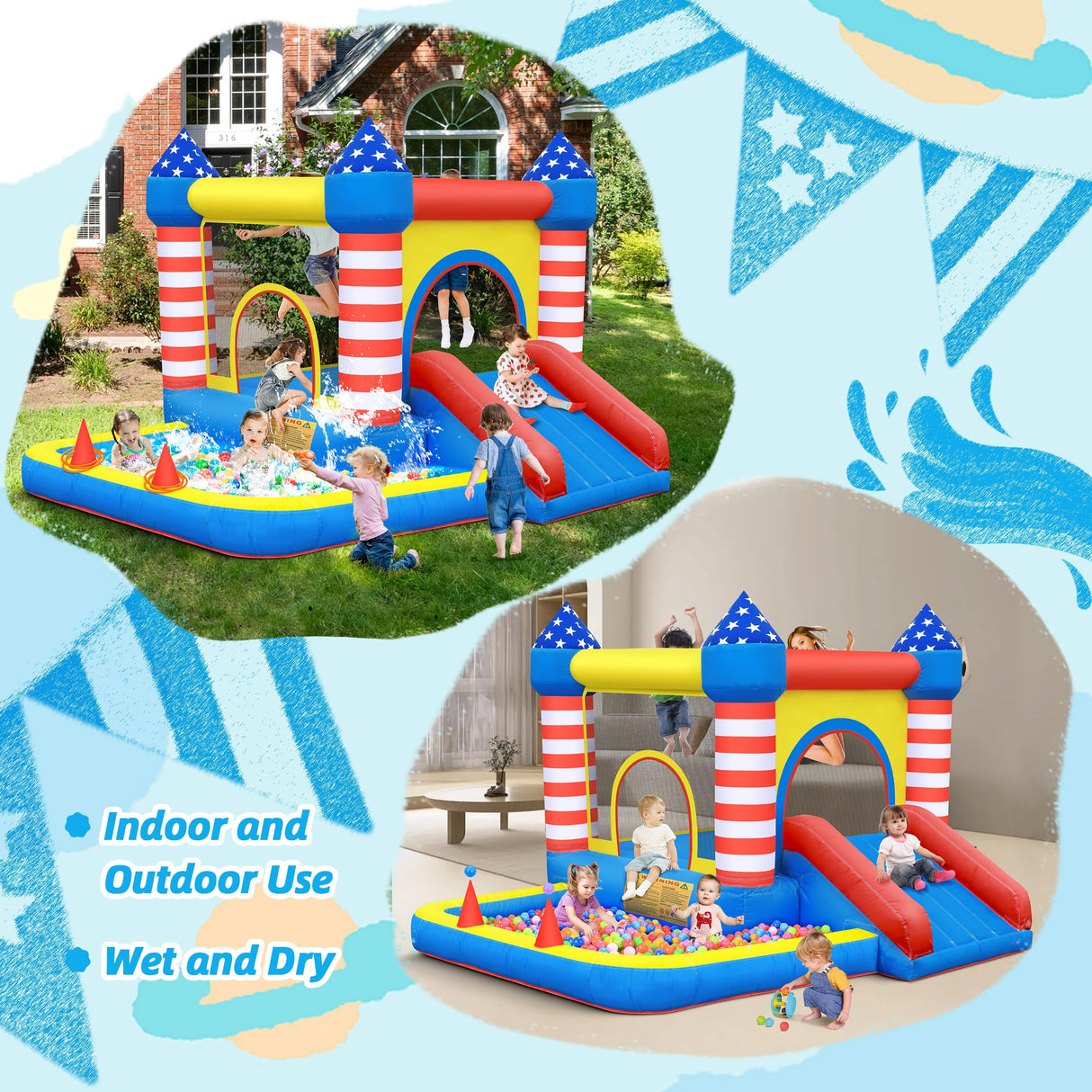 Culaluva Inflatable Bounce House: Bouncer Bouncy Castle 5 in 1 with Ball Pit & Slide for Kids Aged 3-8 - with 370W Blower & Storage Bag - Indoor Outdoor Play Stripes Style CulaLuva