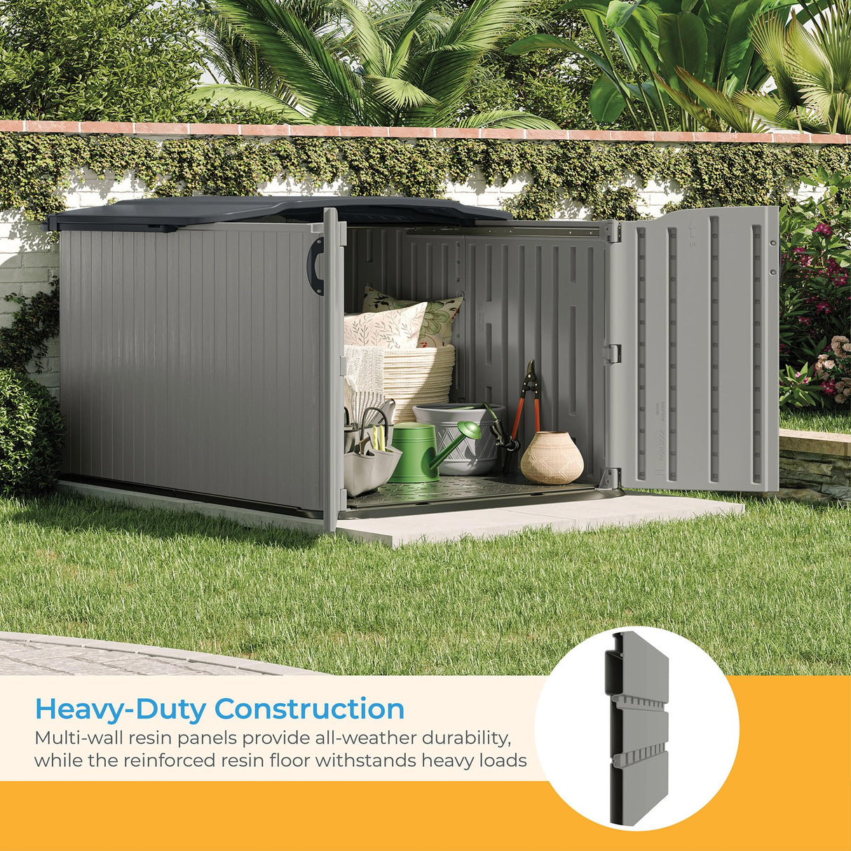 Suncast Glidetop Horizontal Outdoor Storage Shed with Pad-Lockable Sliding Lid and Doors, All-Weather Shed for Yard Storage, 57.5" W x 79.75" D x 52" H Suncast