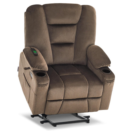 MCombo Oversized Power Lift Recliner Chair Sofa with Massage and Heat for Elderly People Petite, USB Ports, Side Pockets, Fabric R7561 (Brown, Small-Oversize) MCombo