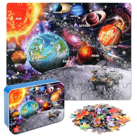 LELEMON Puzzles for Kids Ages 4-6, Space Puzzle 60 Piece Puzzles for Kids in a Metal Box, Educational Kids Puzzles Jigsaw Puzzles Childrens Puzzle Games Puzzle Toys for Girls and Boys LELEMON