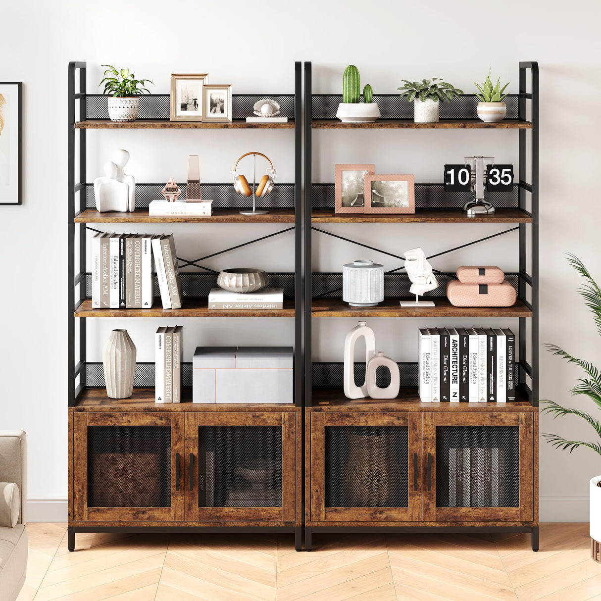 GarveeHome Bookshelf with Doors Industrial Bookcase with 4 Tiers Open Storage Shelf 70.87 in Tall Bookshelves Rustic Display Rack Cabinet for Bedroom, Living Room, Home Office, Brown GarveeHome