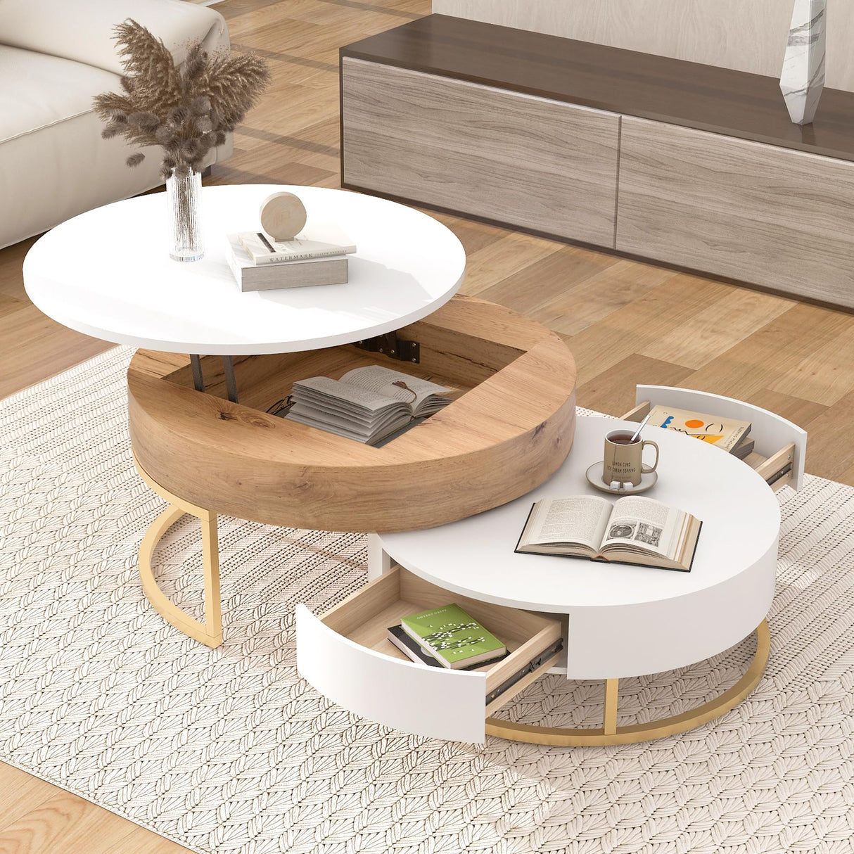 Modern Round Lift-top Nesting Coffee Tables with 2 Drawers for Living Room White & Natural Flieks