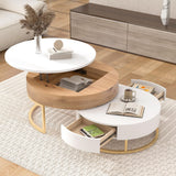 Modern Round Lift-top Nesting Coffee Tables with 2 Drawers for Living Room White & Natural Flieks