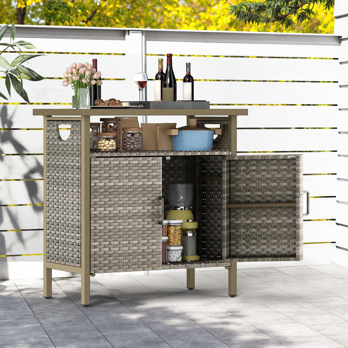 DWVO Patio Storage Cabinet, Outdoor Buffet Cabinet with Two Doors and Shelves, Outdoor Storage Table with PE Rattan for Patio, Backyard, Garden - Light Brown DWVO