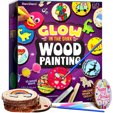 Dan&Darci Glow in The Dark Wood Painting Craft Kit for Kids - Arts and Crafts for Kid Ages 6 7 8 9 10 11 12 - Art Set Party Gift - Paint Kits 6-8, 8-12 - Gifts Summer Toys for Girls 8-12 Dan&Darci