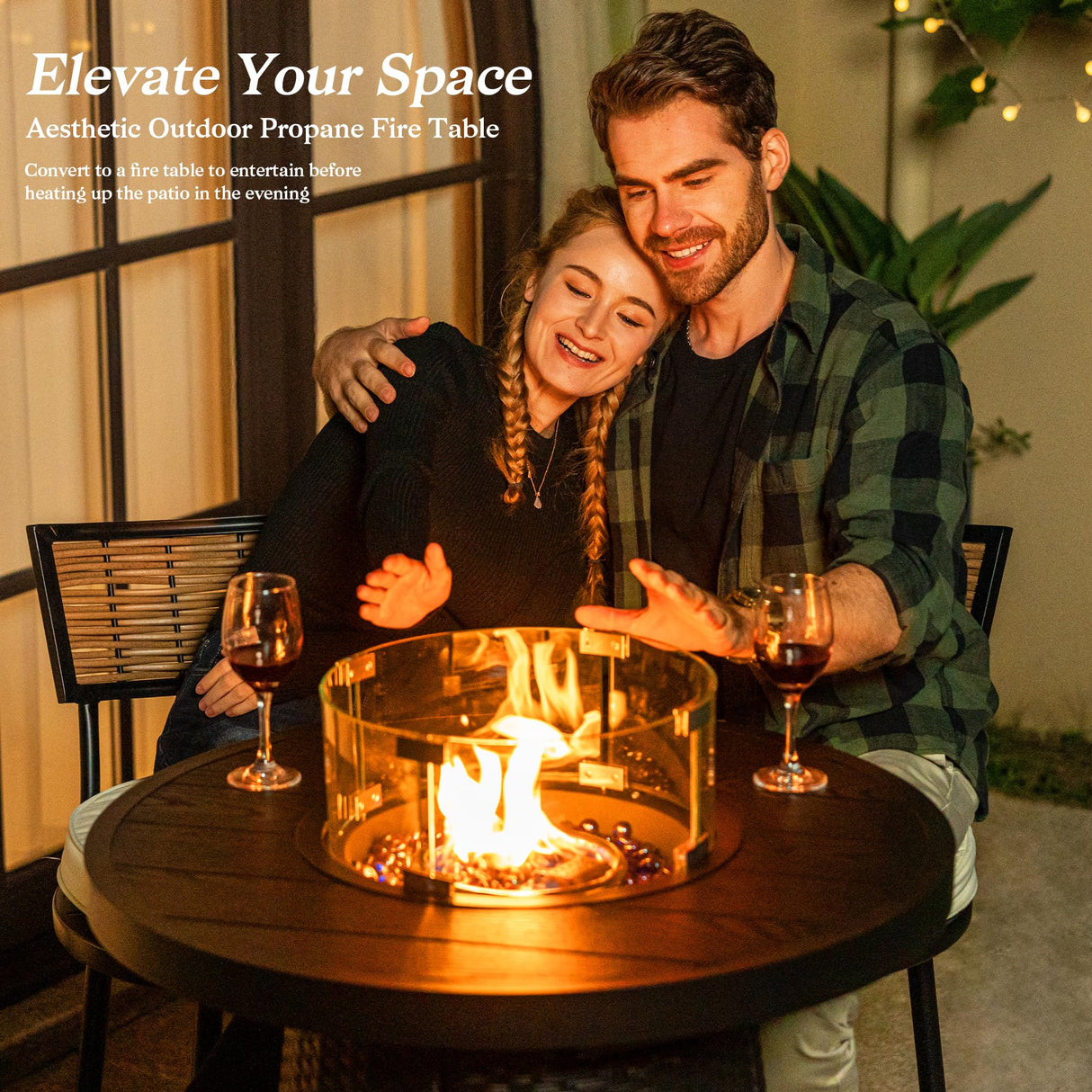 PIZZELLO 5-Piece Patio Swivel Bar Set with 37" Height Propane Round Firepit Table and High Swivel Stools Chair Set of 4, Outdoor High Top Bistro Set for Poolside, Garden, Balcony(Black) PIZZELLO