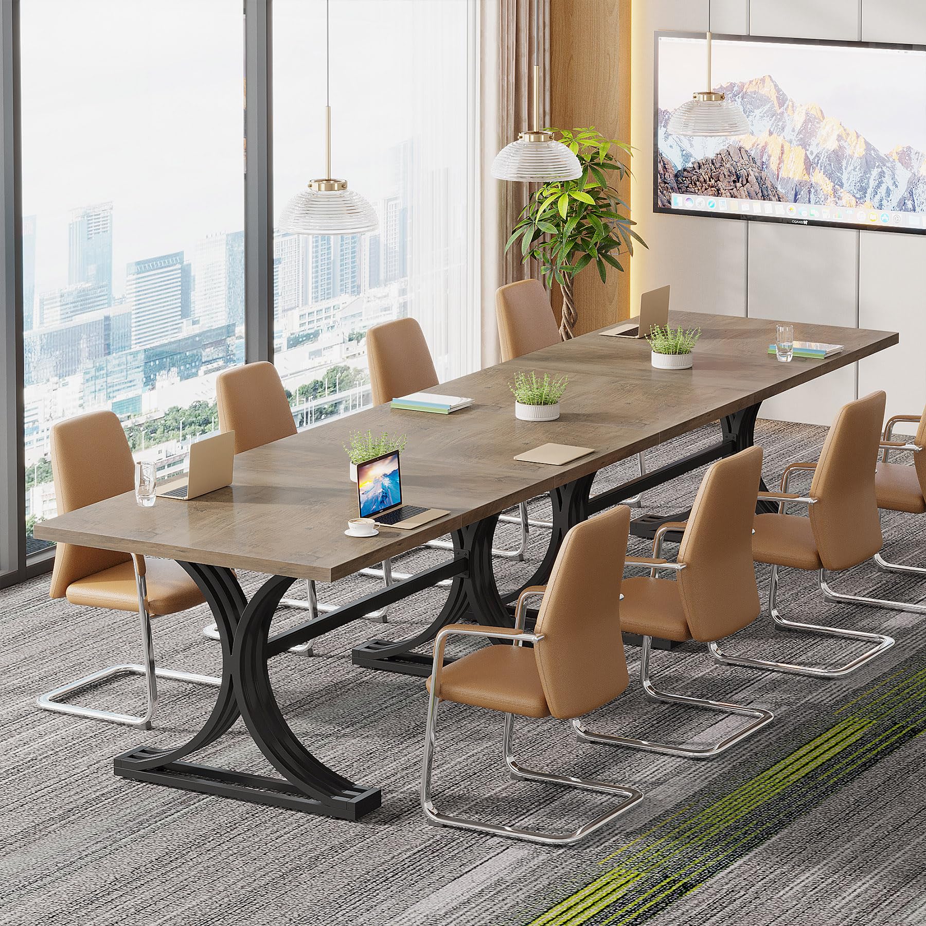 Tribesigns 5FT Conference Table for 4 to 6, 63" W x 31.5" D Modern Meeting Table with Trestle Legs, Grey and Black Business Seminar Tables for Home Office (Grey+Black) - WoodArtSupply